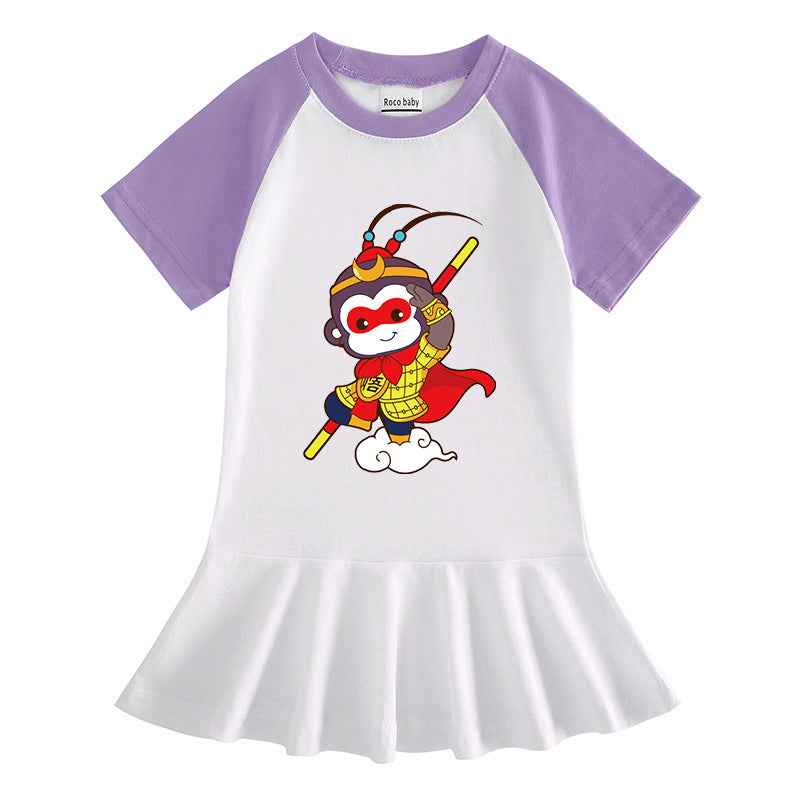 Girls' Cartoon Short Sleeve Dress – Fun Summer Style.