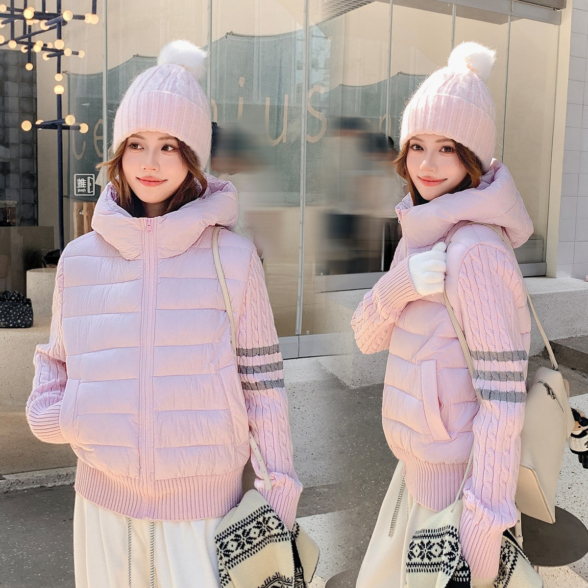 Women's Spliced Knitted Hooded Down Cotton Coat with Striped Webbing Slimming Puffer Jacket
