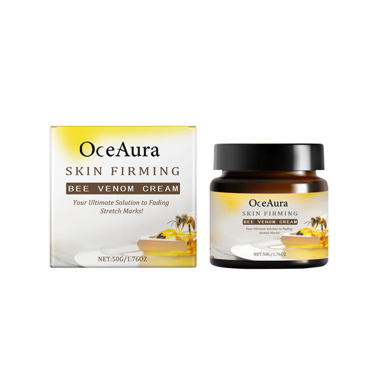Oceaura Firming Moisturizer in an amber jar beside its yellow and white box, with a bee and honey design