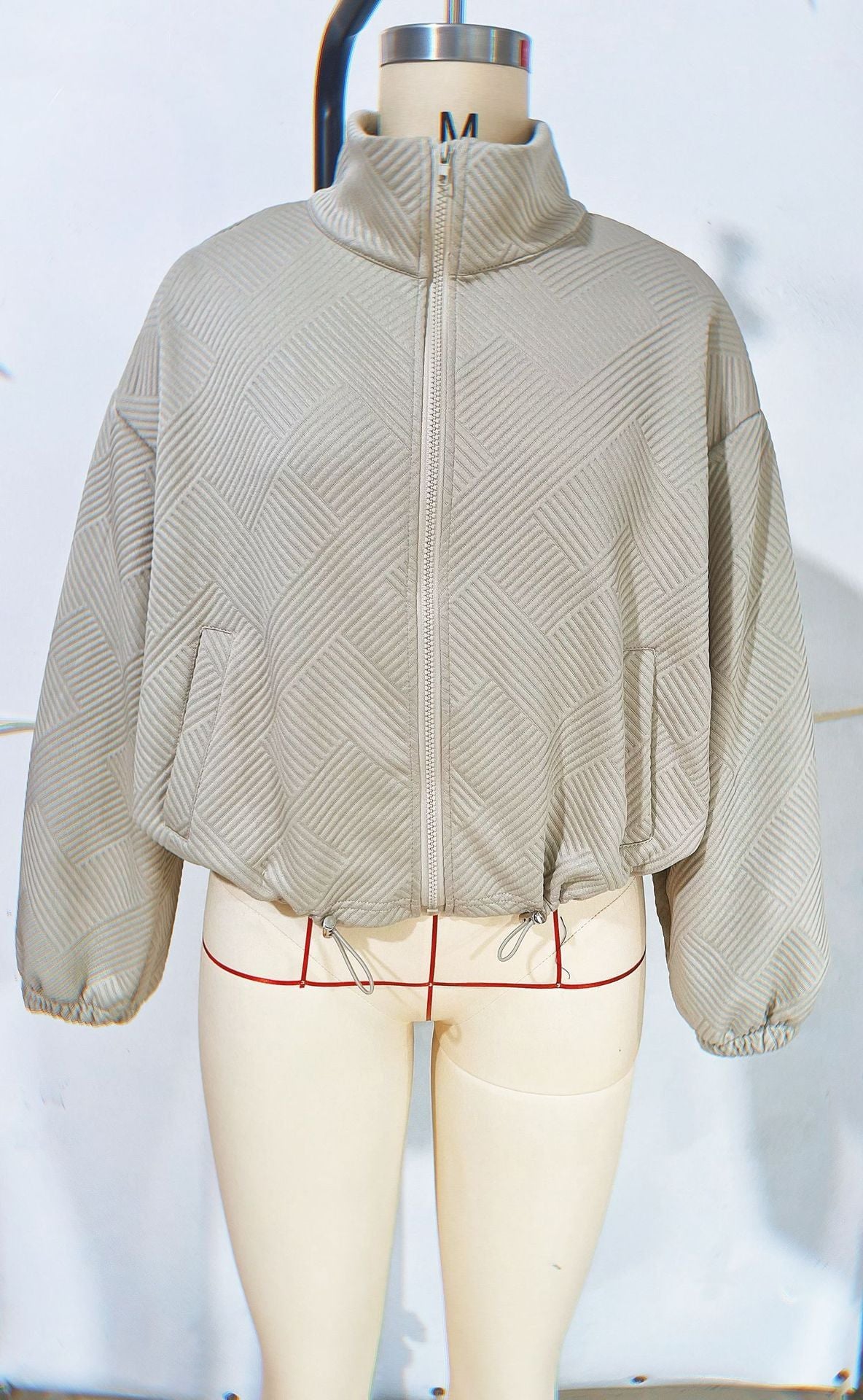 Women's Loose Zip-Up Jacket with Drawstring Hem & Pockets.