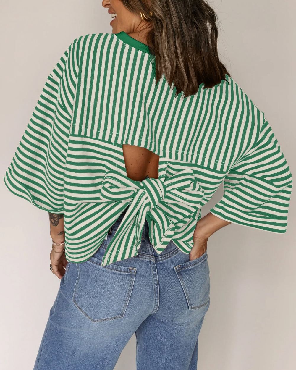 Women's Striped Back Bow Tie Pullover Top.