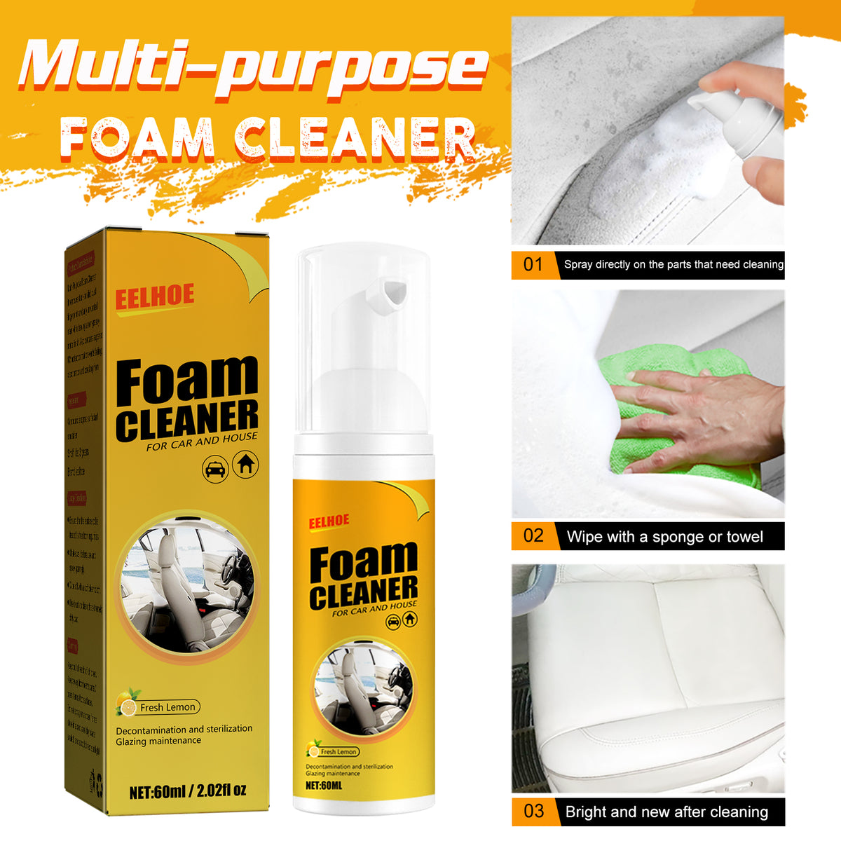 Foam Cleaner, Leather Seat Supplies Decontamination Multi-Functional Interior Cleaner.