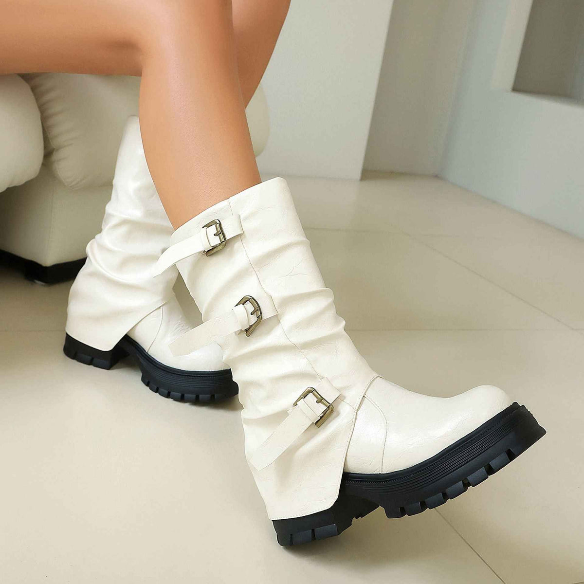 Women's Chunky Heel Short Boots with Belt Buckle Slip-On.