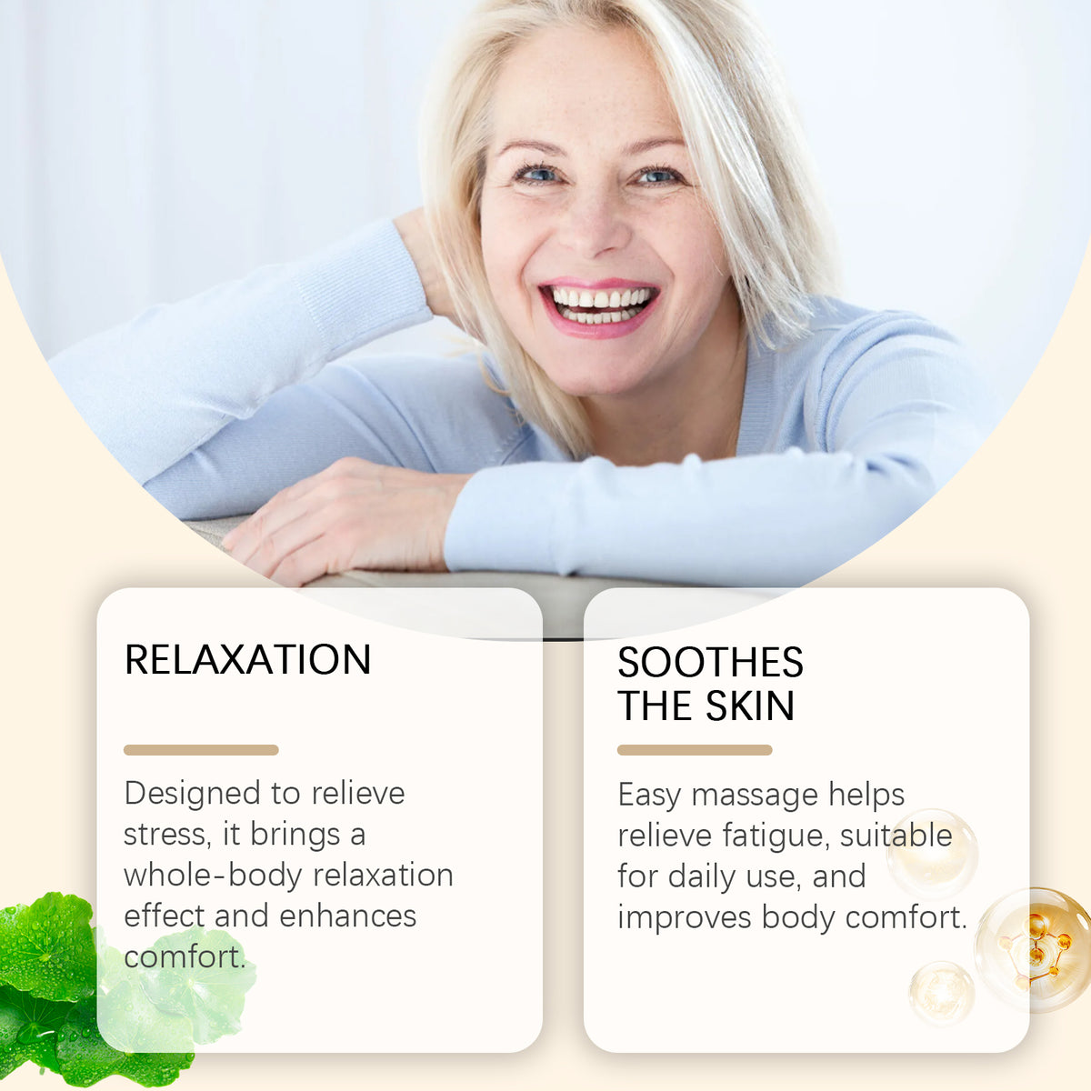 Oceaura Body Frankincense Care Essential Oil shown with a smiling woman in a light blue sweater resting her arms on a table