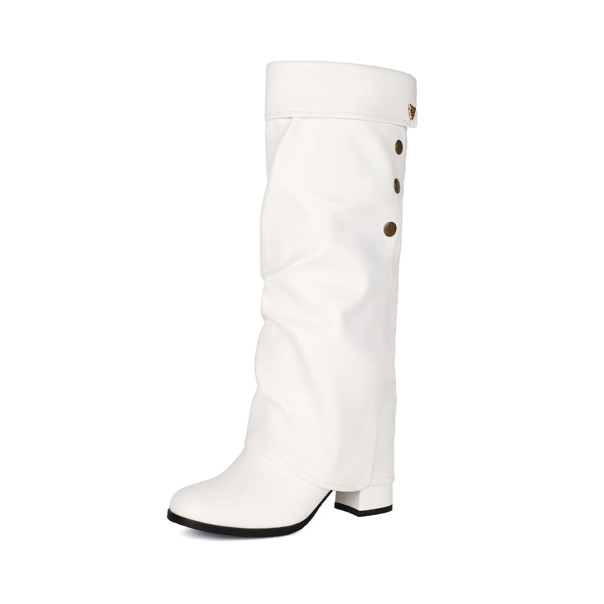 Women's Chunky Heel Knee-High Boots with Buckle Detail.