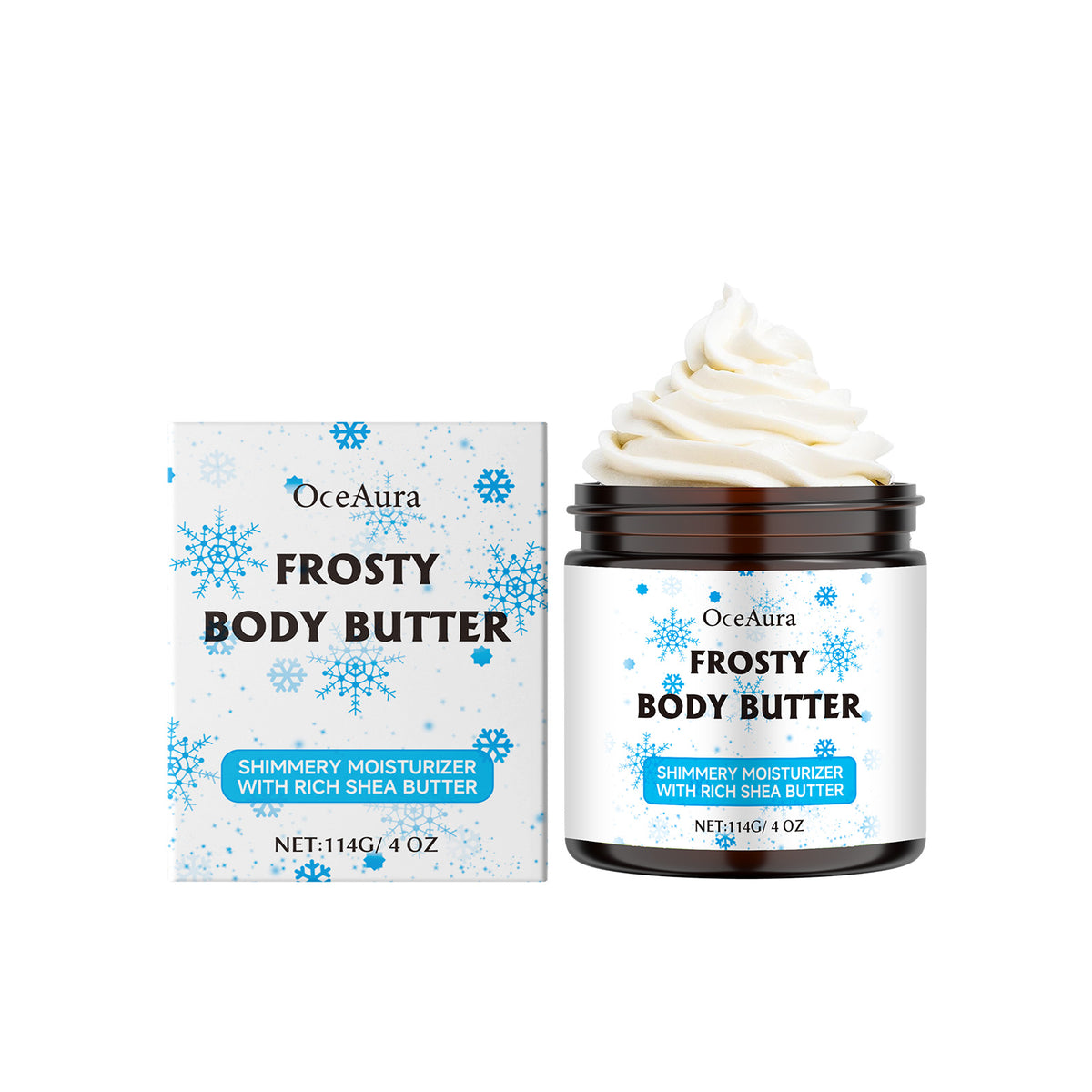 OceAura Shea Butter Moisturizer for body lotion, shown in a frosty white jar with blue snowflake labeling beside its box