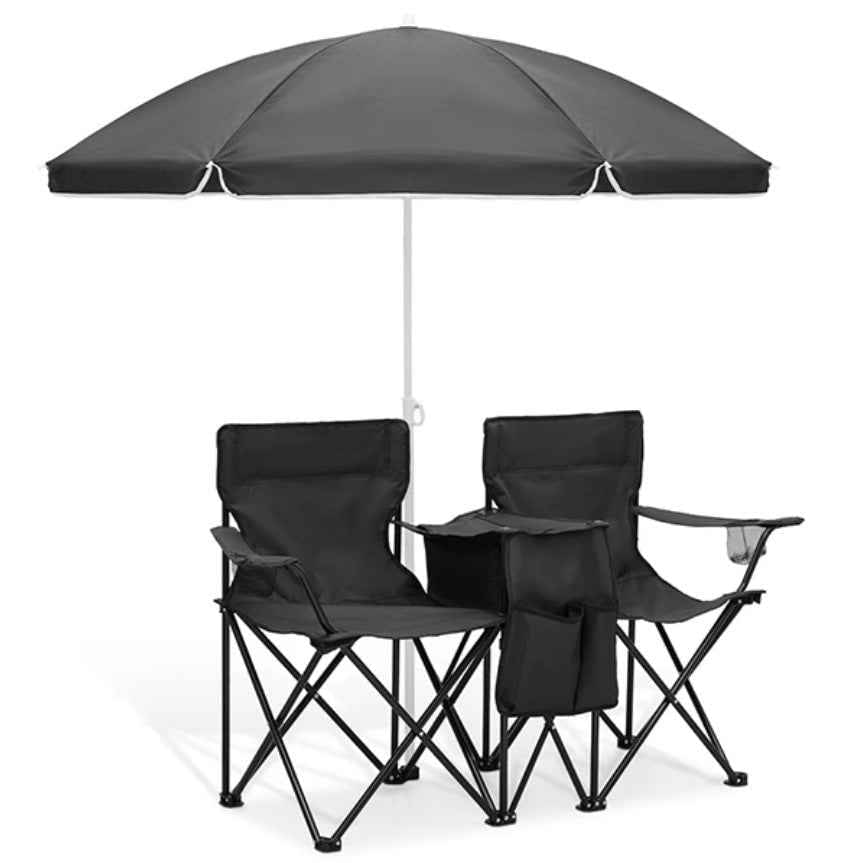 Double Camping Loveseat with Canopy – 600 lb Capacity, Cup Holders & Side Table, Foldable Outdoor Chair for Beach & Park.