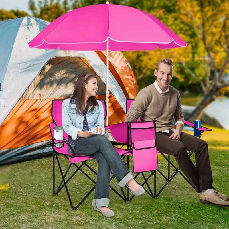 Double Camping Loveseat with Canopy – 600 lb Capacity, Cup Holders & Side Table, Foldable Outdoor Chair for Beach & Park.