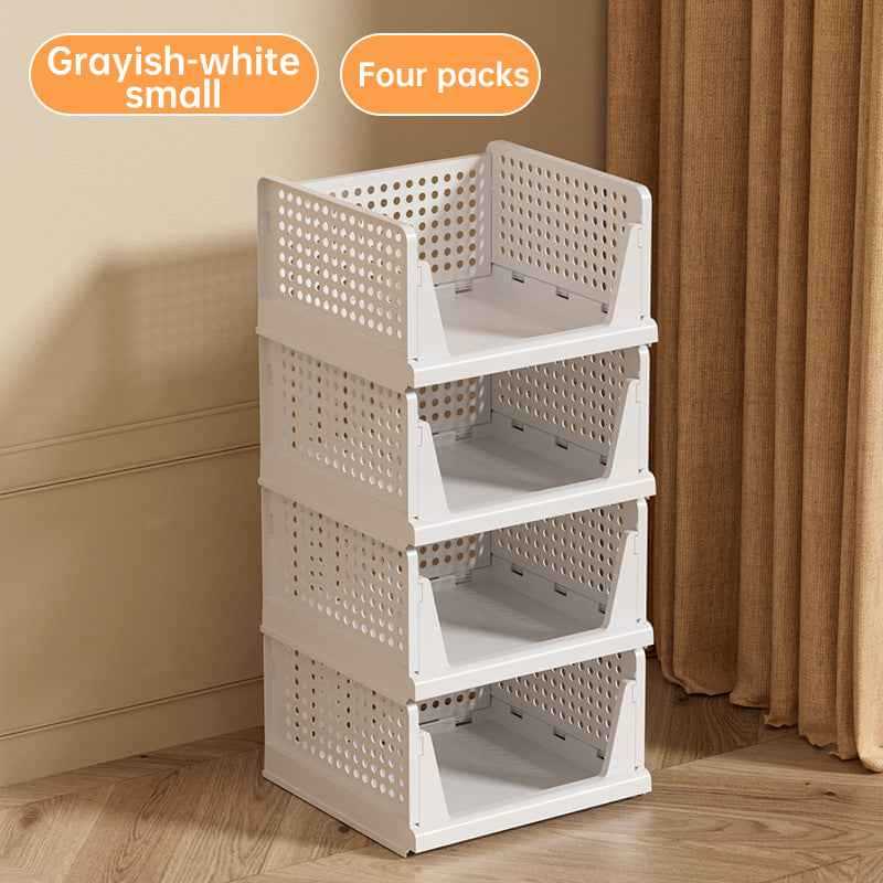 4 Pack Plastic Closet Organizer Bins, Stackable Foldable Storage Baskets with Slide-Out Rails for Clothes, Toys, T-Shirts.
