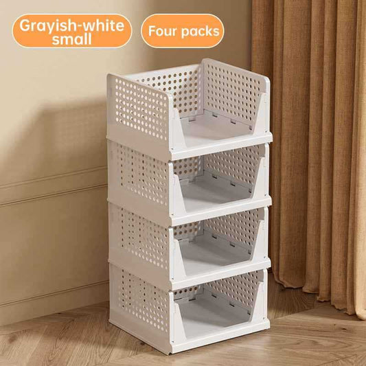 4 Pack Plastic Closet Organizer Bins, Stackable Foldable Storage Baskets with Slide-Out Rails for Clothes, Toys, T-Shirts.
