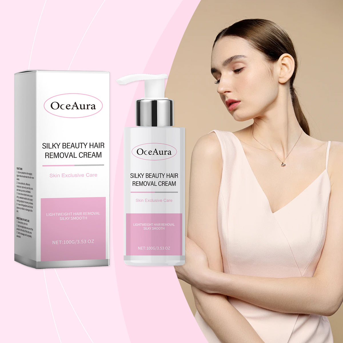 Oceaura Silky Hair Removal Cream for women shown in a white pump bottle beside its pink and white box