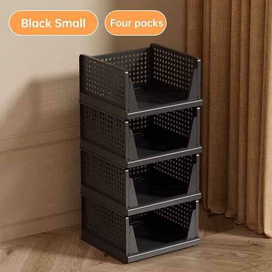 4 Pack Plastic Closet Organizer Bins, Stackable Foldable Storage Baskets with Slide-Out Rails for Clothes, Toys, T-Shirts.