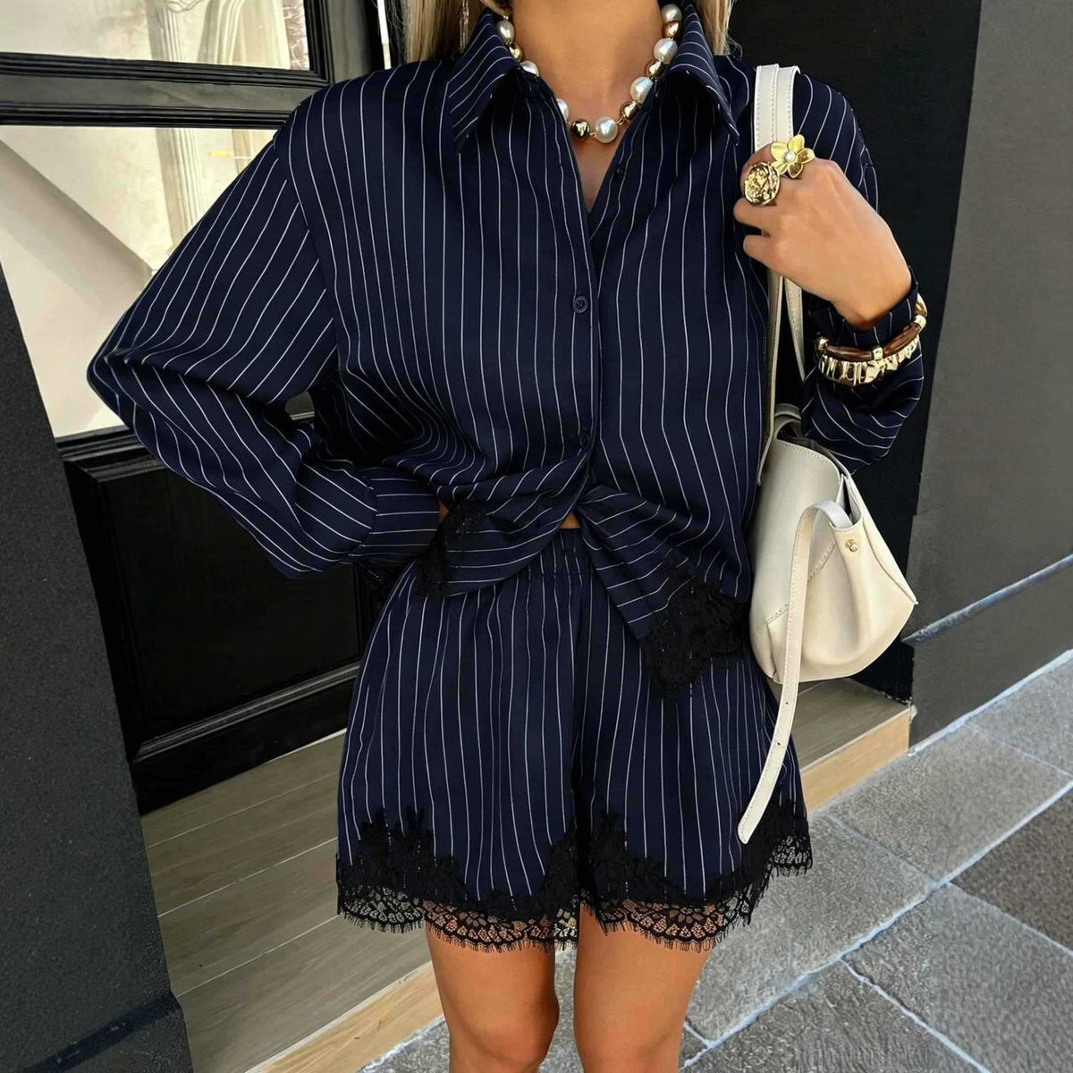 Women's Striped Shirt & Drawstring Shorts Set.