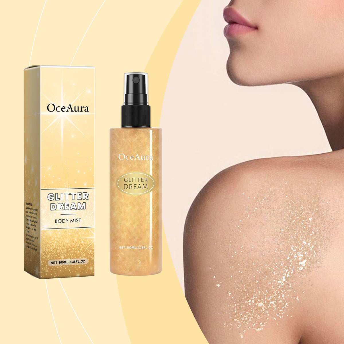 OceAura Body Glitter Spray with a gold box and gold shimmer bottle labelled Glitter Dream