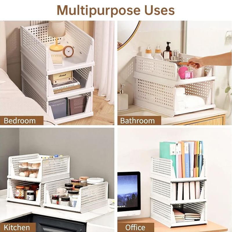 4 Pack Plastic Closet Organizer Bins, Stackable Foldable Storage Baskets with Slide-Out Rails for Clothes, Toys, T-Shirts.
