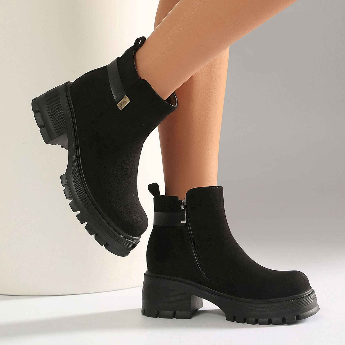 Women's Wide-Fit Suede Ankle Boots with Side Zipper & Chunky Heel.
