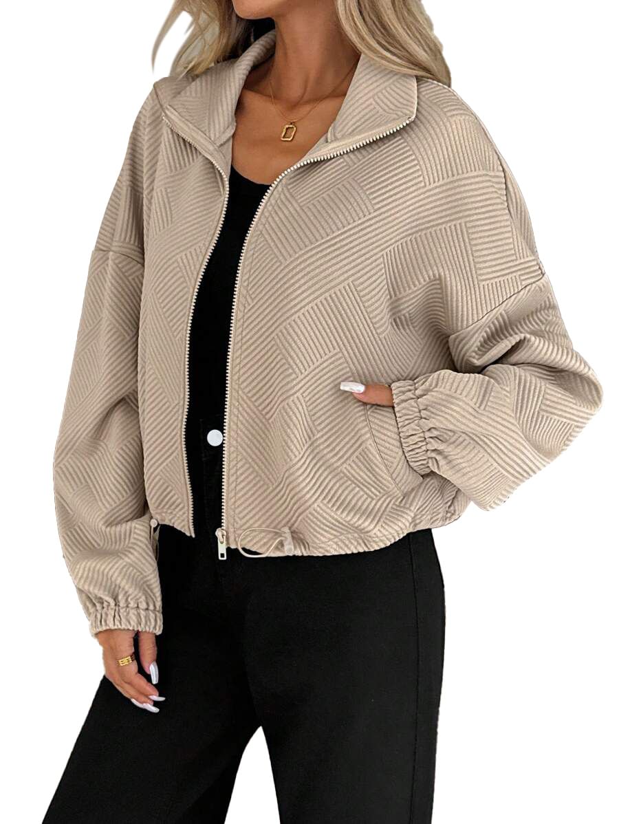 Women's Loose Zip-Up Jacket with Drawstring Hem & Pockets.