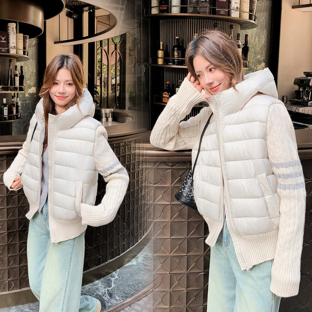 Women's Spliced Knitted Hooded Down Cotton Coat with Striped Webbing Slimming Puffer Jacket