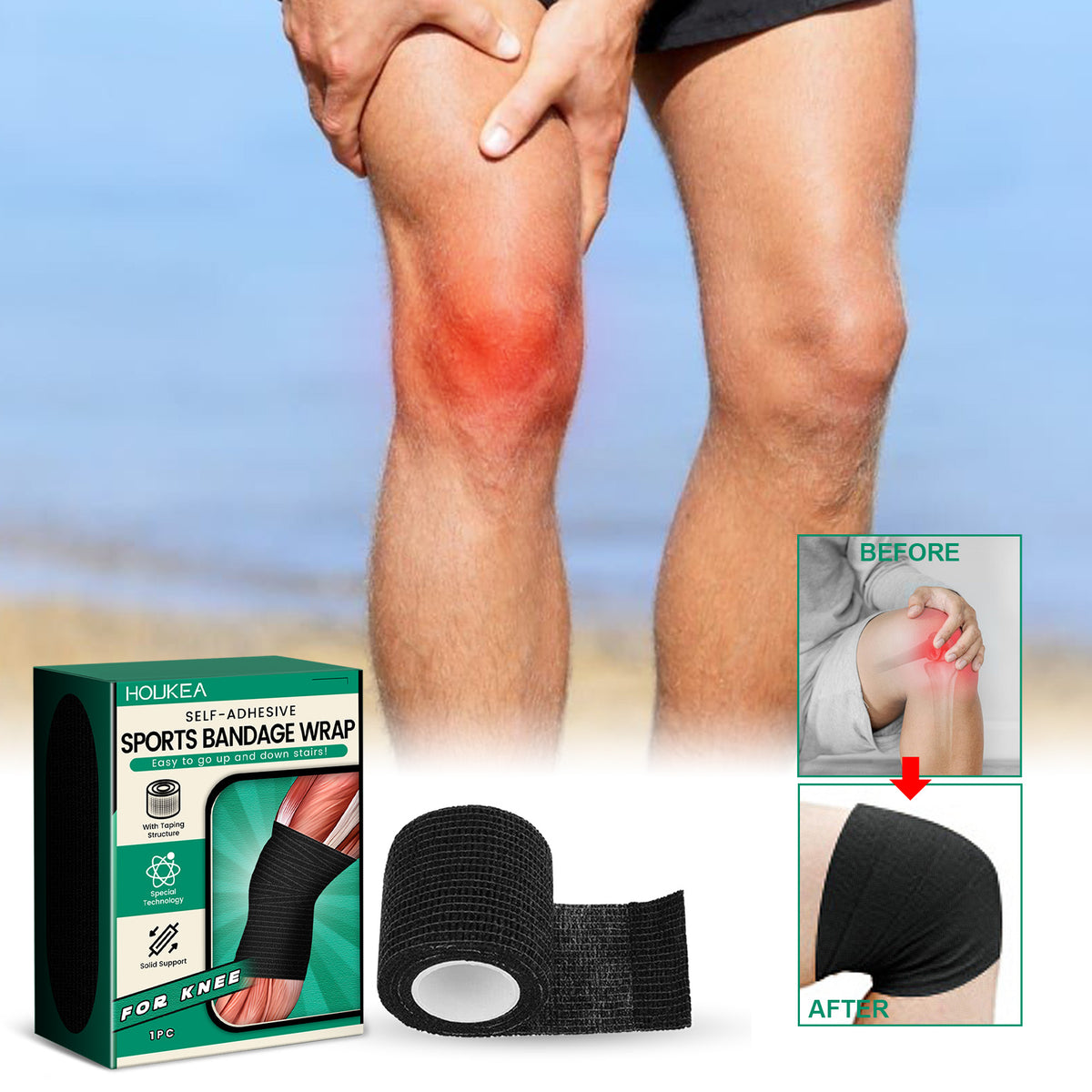 HouKea Self-Adhesive Sports Bandage Wrap for Knee – 1 Roll.