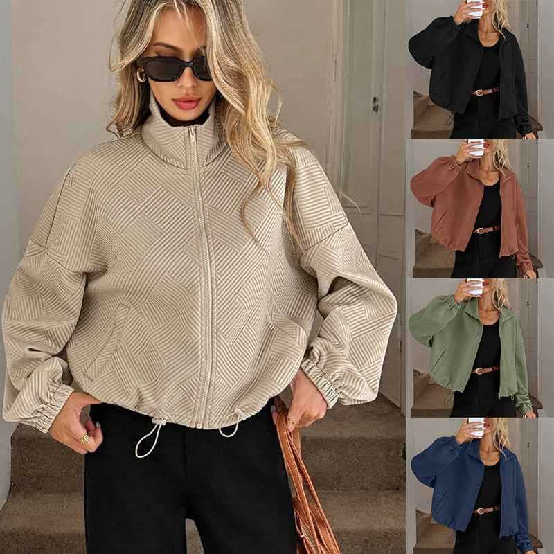 Women's Loose Zip-Up Jacket with Drawstring Hem & Pockets.