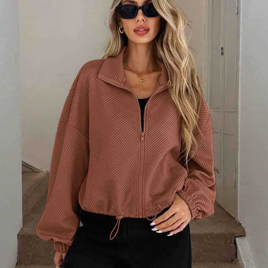 Women's Loose Zip-Up Jacket with Drawstring Hem & Pockets.
