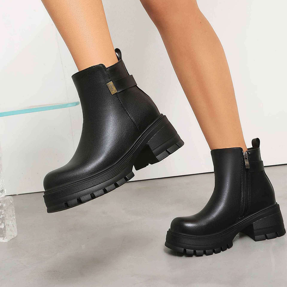 Women's Wide-Fit Suede Ankle Boots with Side Zipper & Chunky Heel.