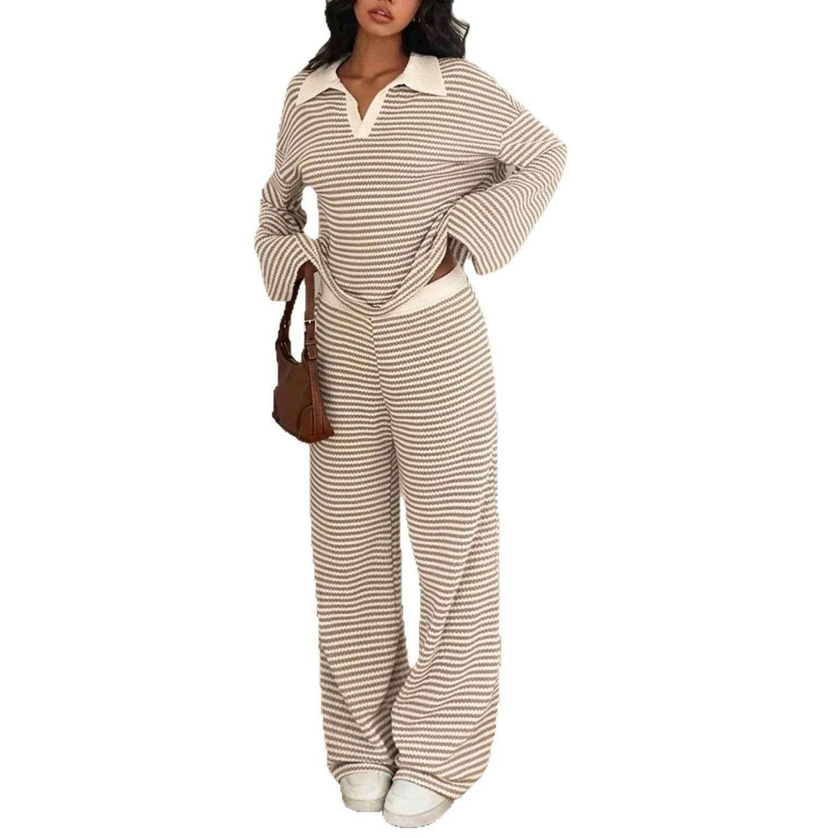 Women's Contrast Stripe Wide Leg Pants Set.