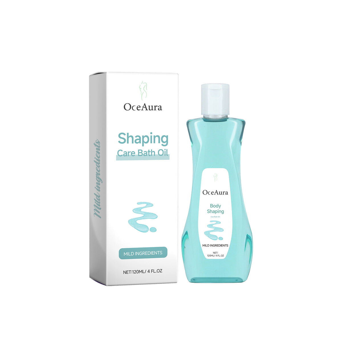 OceAura Body Shower Oil Gentle Body Massage in a turquoise bottle beside its white Shaping Care Bath Oil box