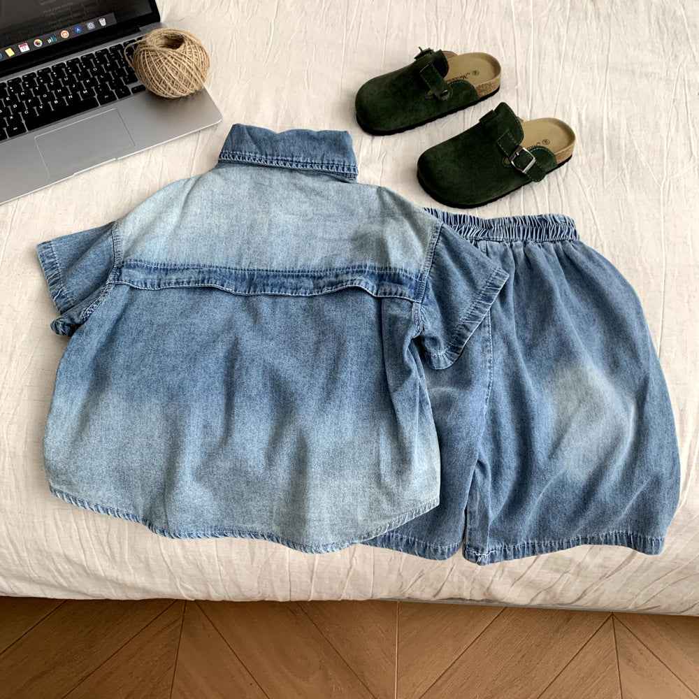 Boys' Denim Short-Sleeve Shirt & Shorts Two-Piece Set.