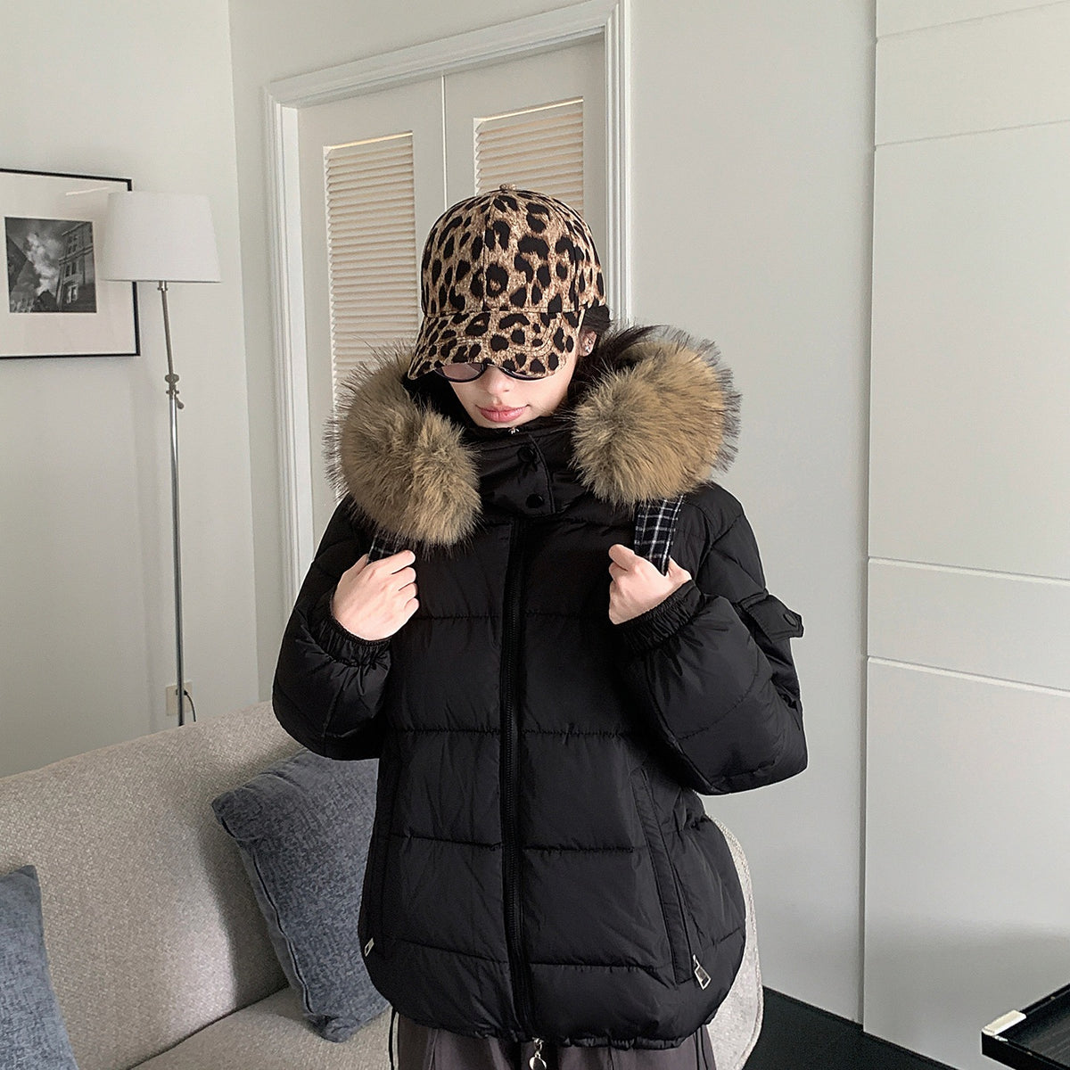 Women's Winter Cotton-Padded Jacket with Large Faux Fur Collar, Puffy Loose Fit Warm Outerwear