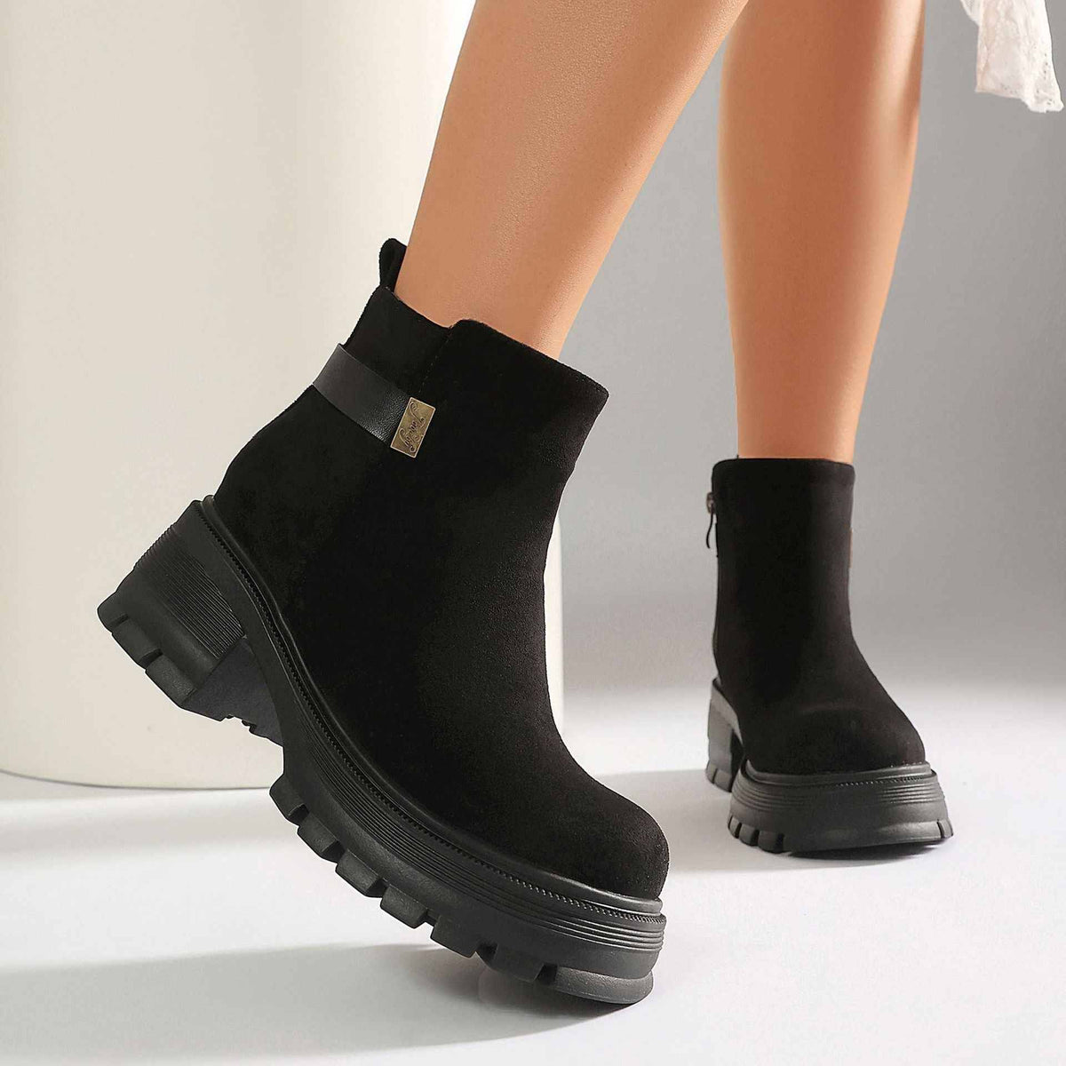 Women's Wide-Fit Suede Ankle Boots with Side Zipper & Chunky Heel.