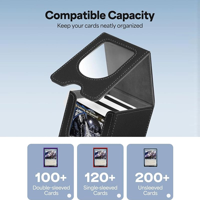 Leather TCG Card Storage Box – 100+ Card Capacity Organizer with Dividers for Trading Card Games.