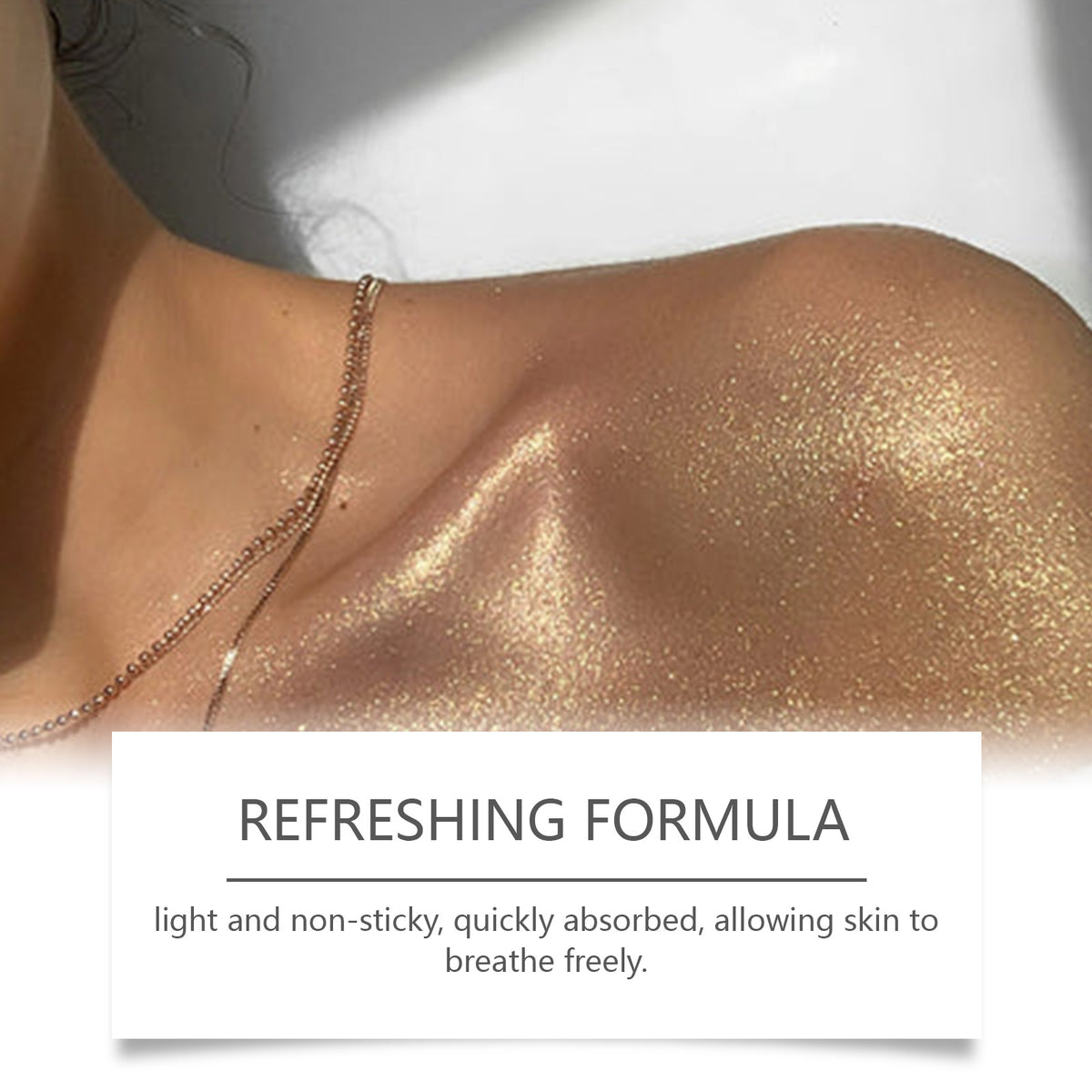 OceAura Body Glitter Spray applied to a shoulder and collarbone
