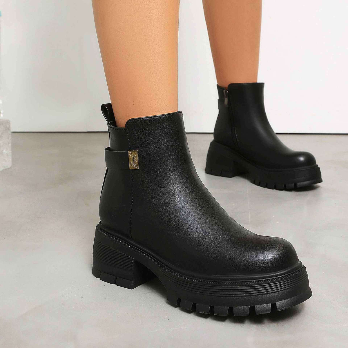 Women's Wide-Fit Suede Ankle Boots with Side Zipper & Chunky Heel.