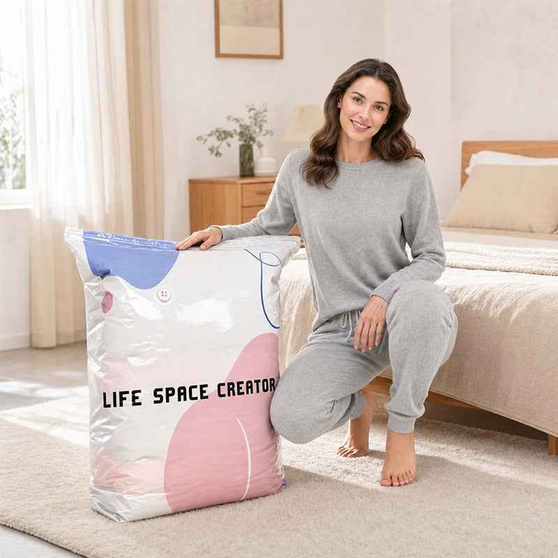 Pump-Free 3D Vacuum Bags, 3-Sec Compression, Reusable.