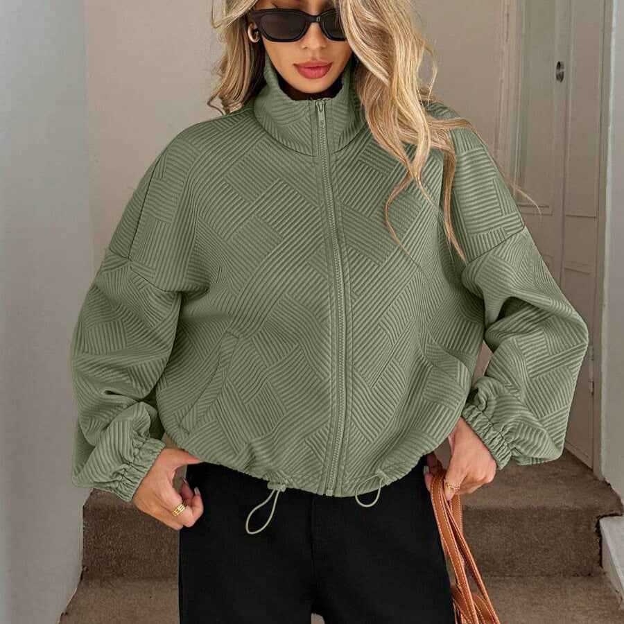 Women's Loose Zip-Up Jacket with Drawstring Hem & Pockets.