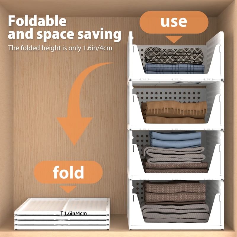 4 Pack Plastic Closet Organizer Bins, Stackable Foldable Storage Baskets with Slide-Out Rails for Clothes, Toys, T-Shirts.