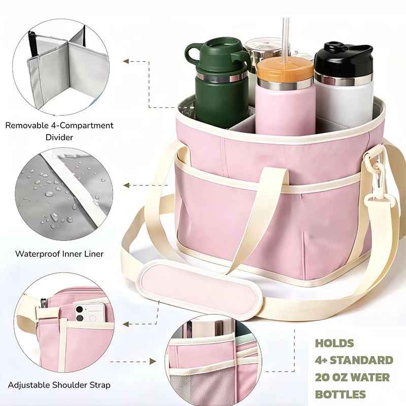 4-Compartment Leakproof Drink Carrier Bag – Adjustable Strap Beverage Holder for Car & Travel.
