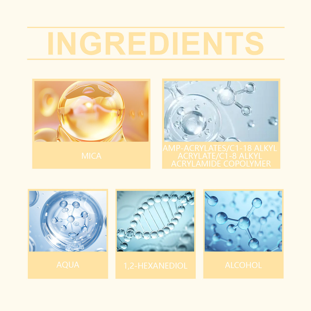 OceAura Body Glitter Spray ingredients panel listing Mica, Aqua, 1,2-Hexanediol and Alcohol on a cream background