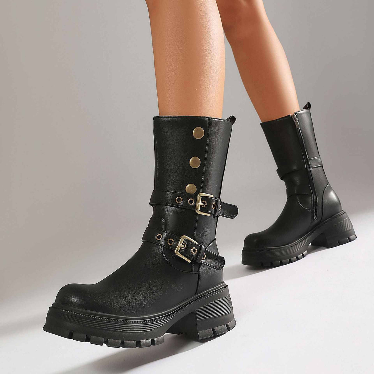 Women's Thick Sole High Heel Ankle Boots with Belt Buckle.