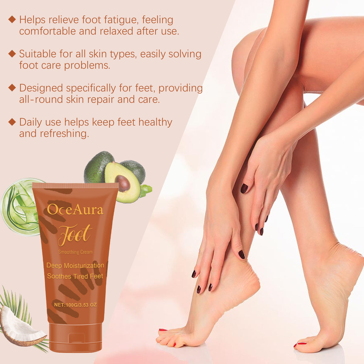 OceAura Foot Moisturizing Cream for hydrating dry feet beside an orange tube