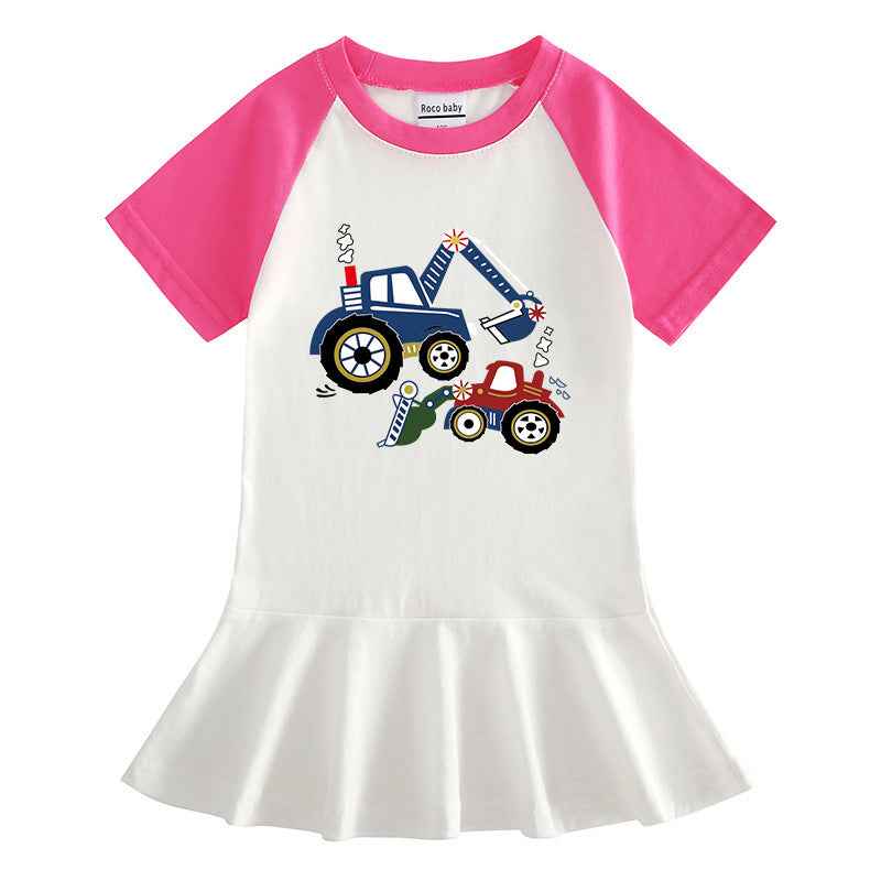 Girls' Cartoon Print Dress – Casual Short Sleeve.