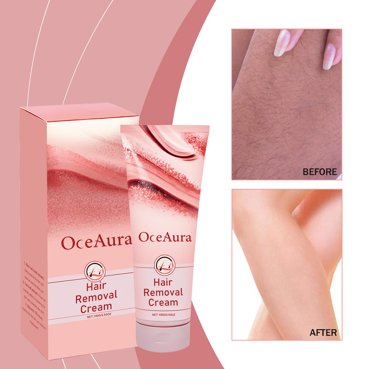 OceAura Hair Removal Cream sits beside its pink tube with a white cap, shown in a before and after comparison of smooth skin