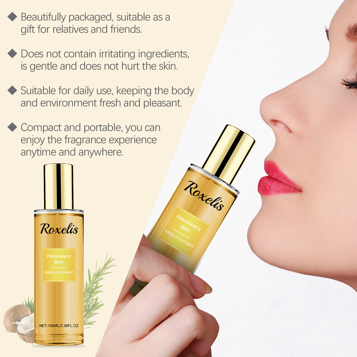 Roxelis Vanilla Coconut Body Spray.