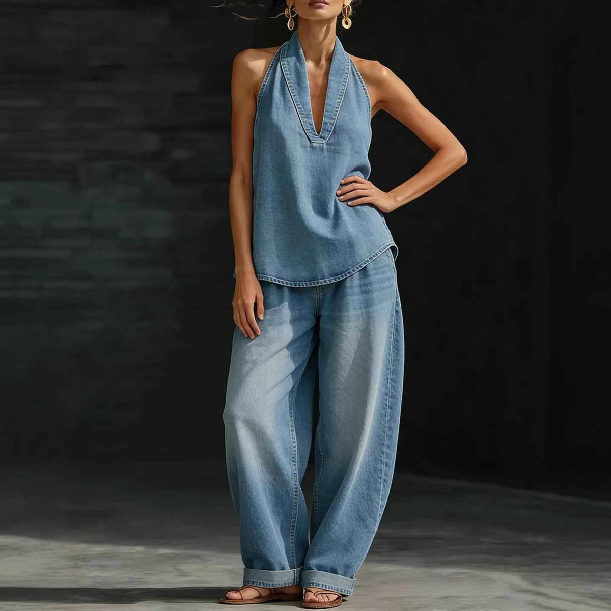 Women's V-Neck Sleeveless Top & Wide Leg Pants Set.