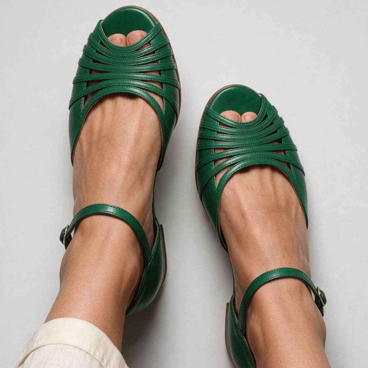 Women's Flat Ankle Strap Sandals with Adjustable Buckle.