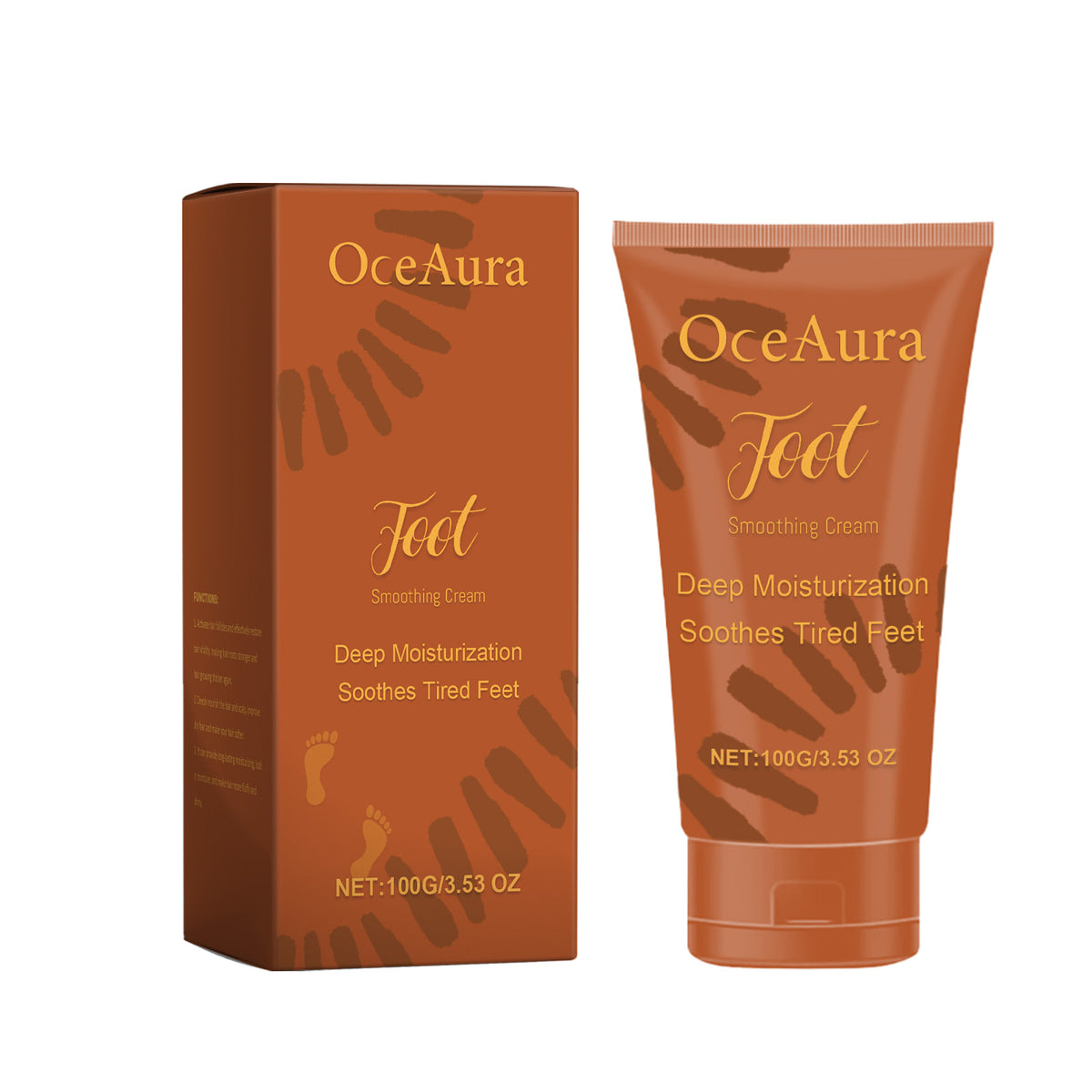 OceAura Foot Moisturizing Cream for soothing dry feet, shown beside its orange box and tube