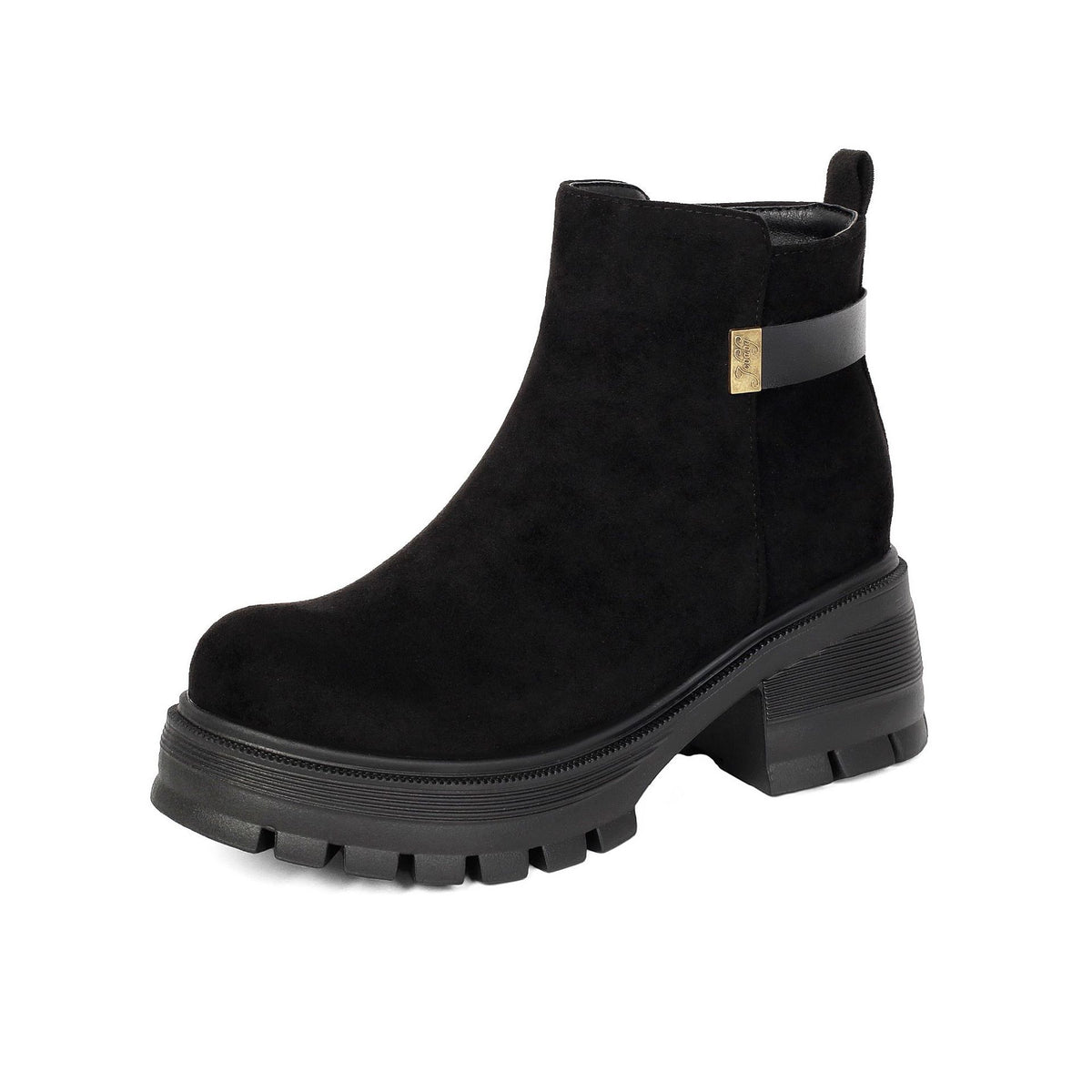Women's Wide-Fit Suede Ankle Boots with Side Zipper & Chunky Heel.