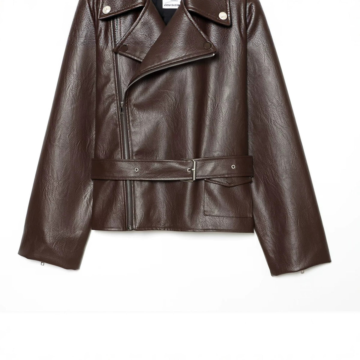 Suit collar long sleeved leather jacket for women