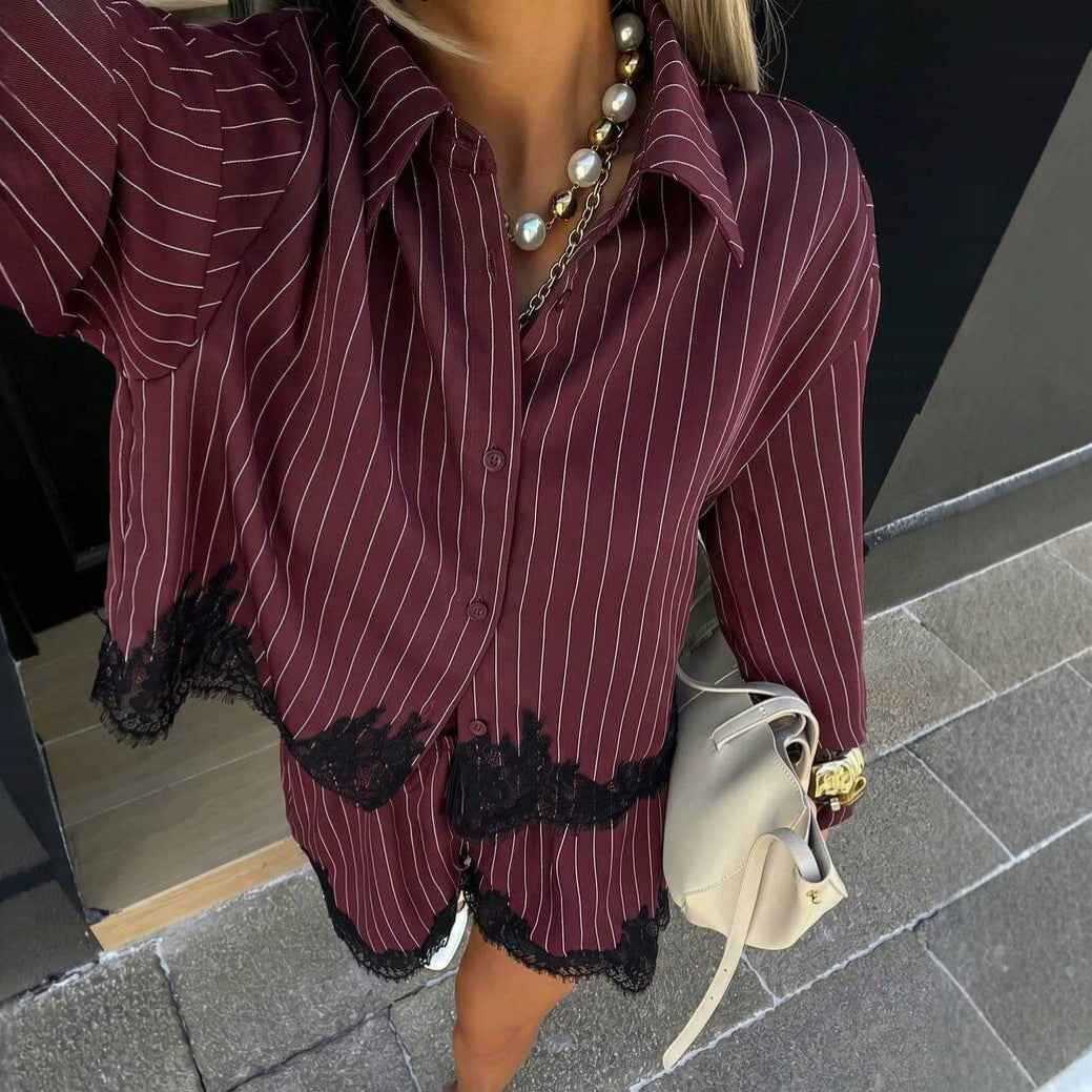 Women's Striped Shirt & Drawstring Shorts Set.